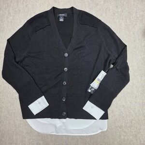 Karen Kane Black Layer Cardigan V-Neck Sweater With White‎ Inset Attached Medium